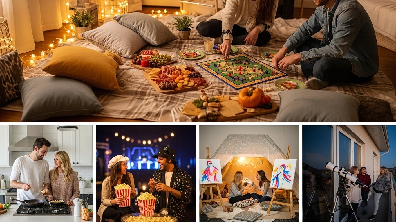 Couple enjoying a creative date night at home with art supplies and candles