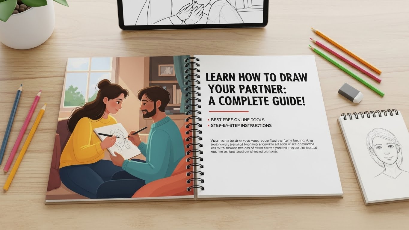 Couple laughing while drawing portraits of each other on tablets
