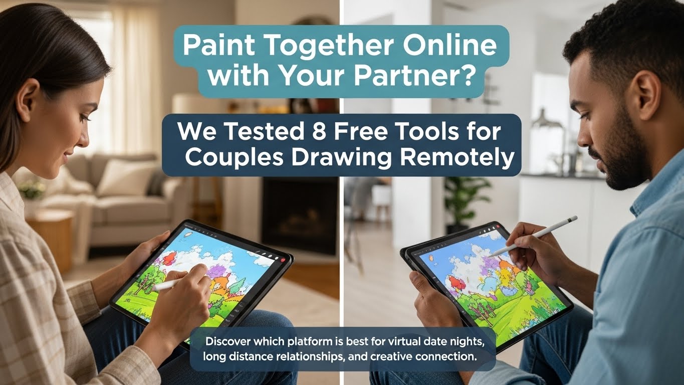 Couple using laptops to draw together online during virtual date