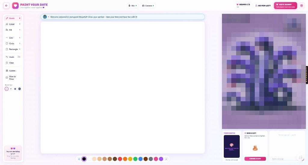 The PaintYourDate game interface with drawing tools, a shared canvas, colour palette, video controls and partner panel